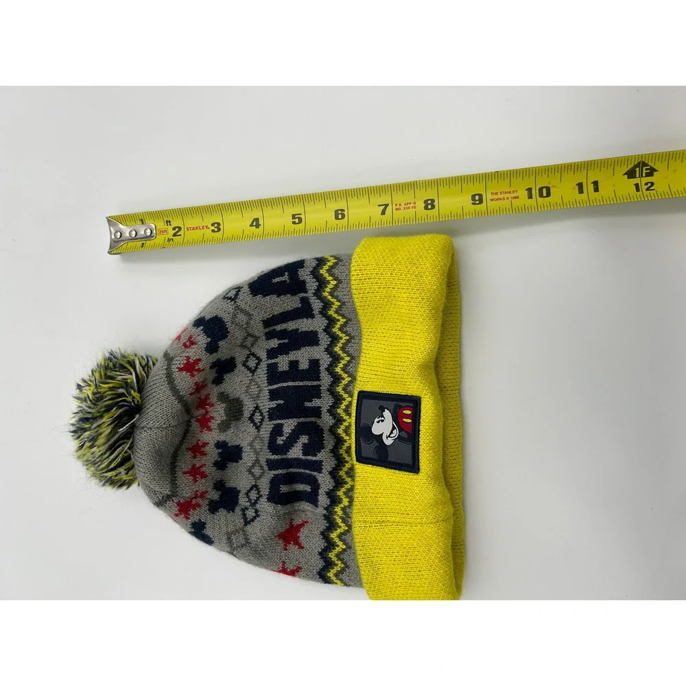 Disney Parks Disneyland Mickey Mouse Fair Isle Knit Pom Beanie Hat Yellow Gray
